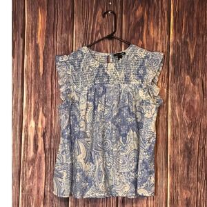 AQUA Blouse Womens L Blue White Paisley Smocked Ruffle Boho Summer Top